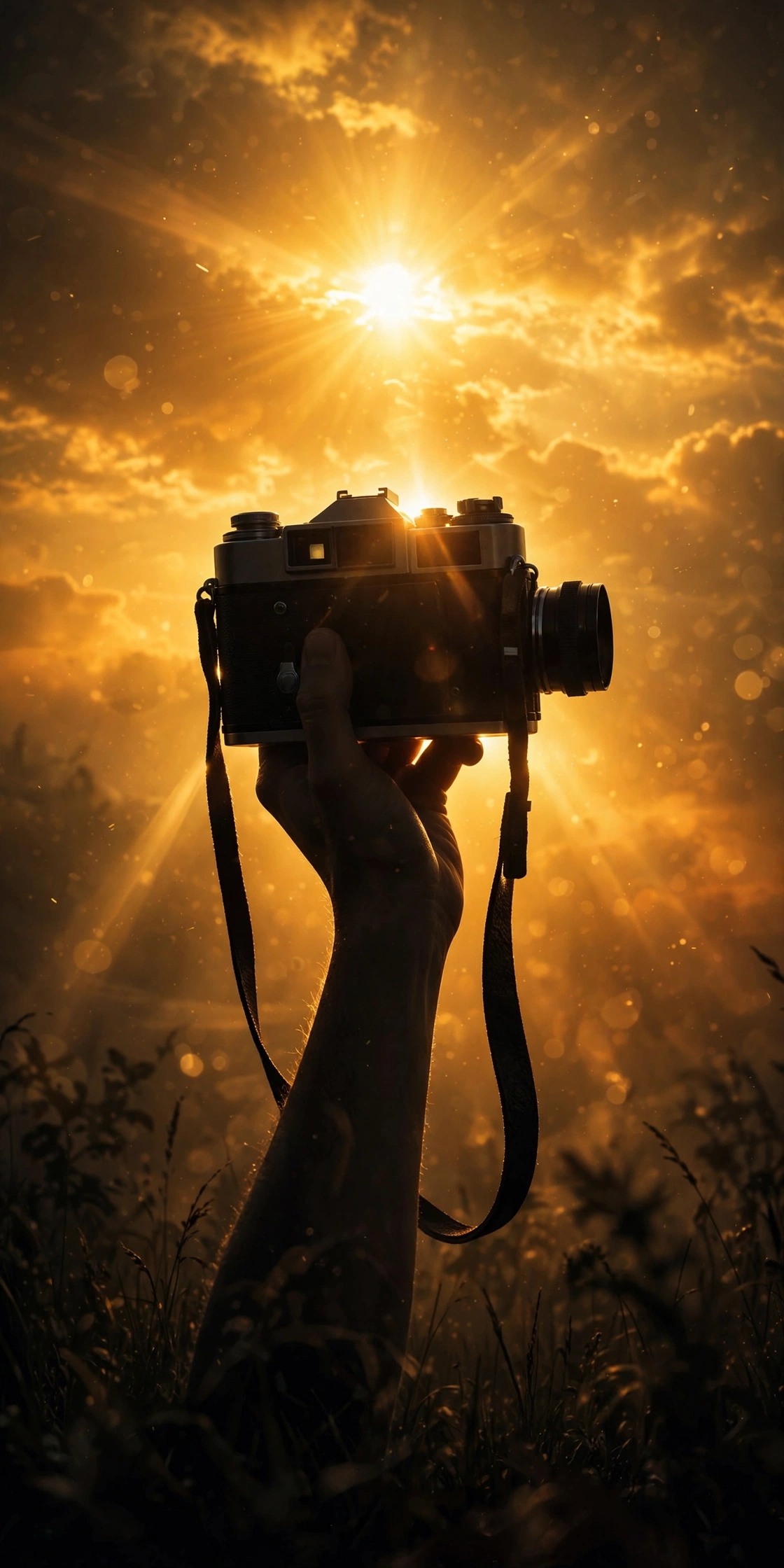 Photographer holding a camera against a golden sunset — decorative